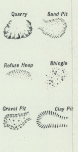 A detail from the OS map key showing the signs used for quary, sand pit, refuse heap, shingle, gravel pit and clay pit. 
