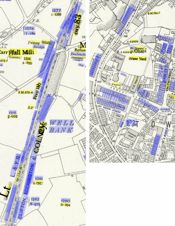Screenshot of map with coloured overlays showing railway tracks and buildings detected as text.