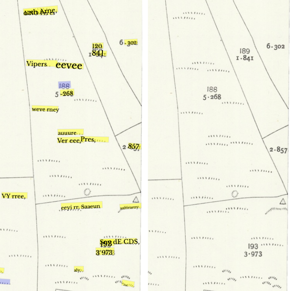 Screenshot of map with coloured overlays showing grass symbols detected as text and erroneously transcribed.