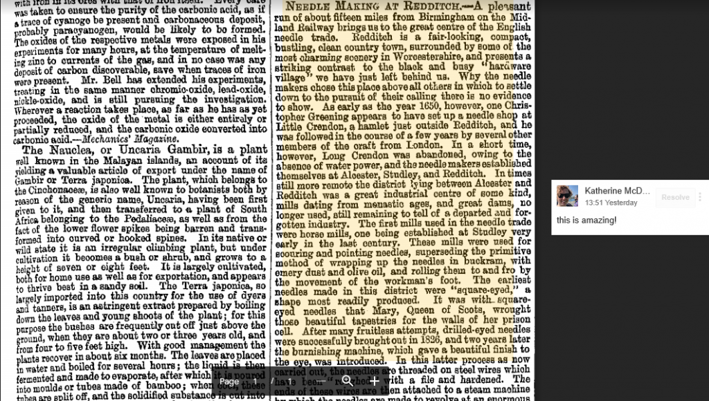 Text from digitised newspaper highlighted with a comment from a researcher, 'this is amazing'
