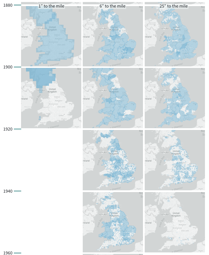Macromap shows resurveying across the whole country 1880-1920. But after the First World War, the resurveyed regions are more scattered—clustering over urban areas, prioritised because they were undergoing the most change.