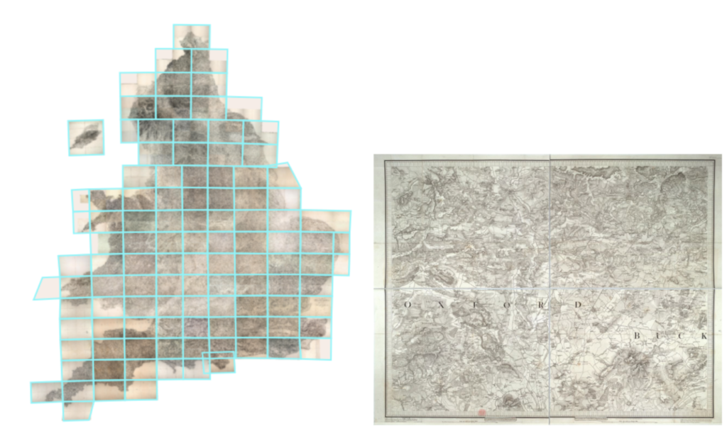 The Ordnance Survey ‘Old Series’ England and Wales 1801-69. Left: sheets digitally stitched together, and right: a single sheet.