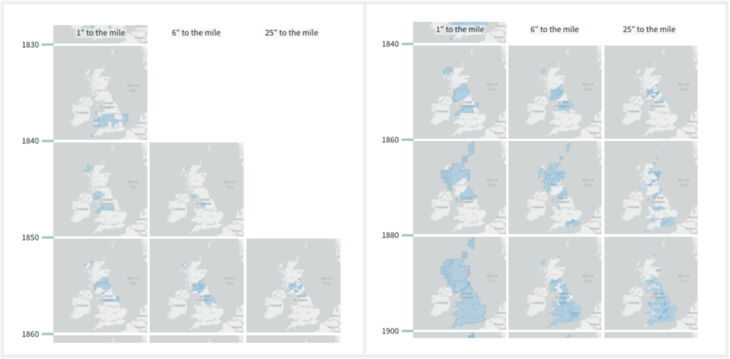 Two images of the OS data visualised by time in Macromap. On the Left showing The 1-inch series gets started earliest, followed by the 6-inch and then the 25-inch. On the Right showing The patterns of survey roughly match across all the three series through time.