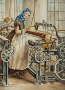 A painting of two women working at looms in a factory