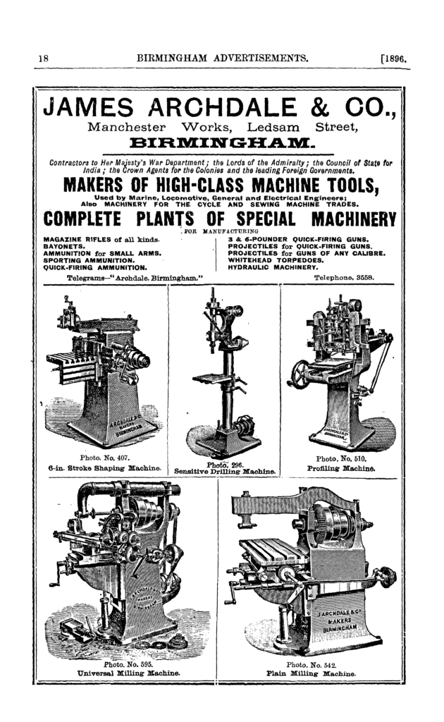 An advert for machine tools from an 1896 directory