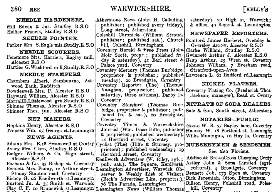 A 'trades listings' page from the same 1896 trade directory, published by Kelly's